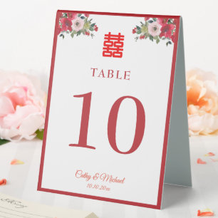 Red watercolor floral Chinese wedding table number