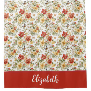 Red Watercolor Floral Custom Name Shower Curtain