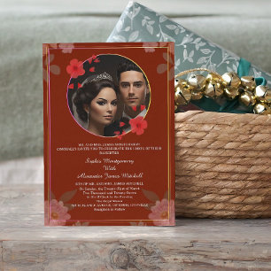 Red Watercolor Floral Frame Wedding Invitation QR 