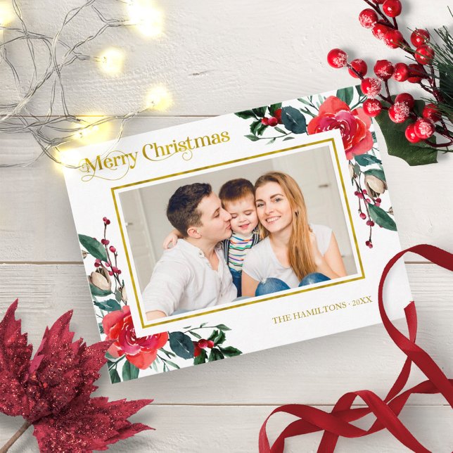 Red Watercolor Floral Merry Christmas Photo Postcard (Creator Uploaded)