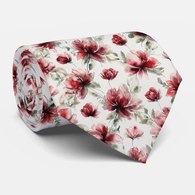 Red Watercolor Floral Pattern Tie (Rolled)