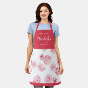 Red watercolor floral personalised cooking apron