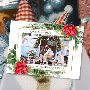 Red Watercolor Floral Photo Christmas Holiday Card