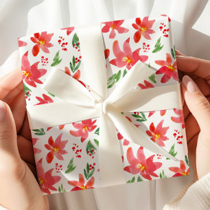 Red Watercolor Floral Wreath Christmas Wrapping Paper