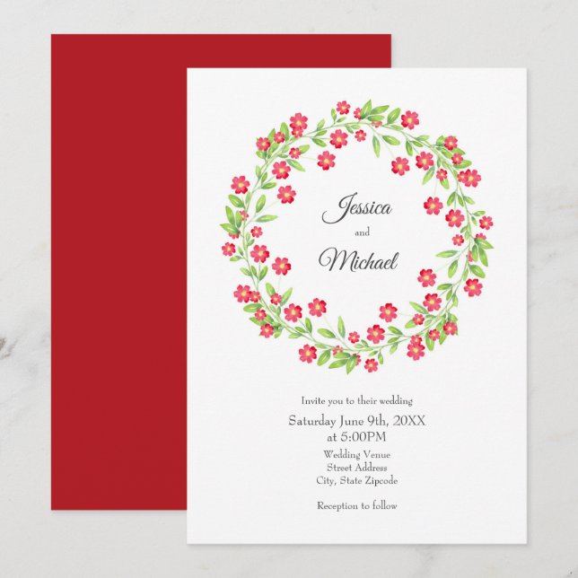 Red Watercolor Floral Wreath Invitation (Front/Back)