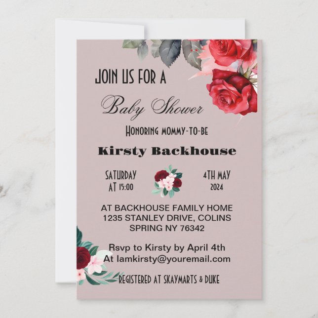 Red Watercolor Flower Baby Shower Invitation (Front)