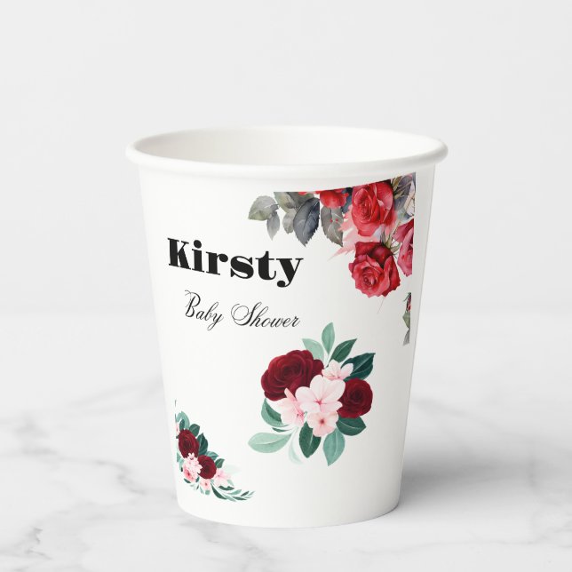 Red Watercolor Flower Baby Shower Paper Cups (Back)