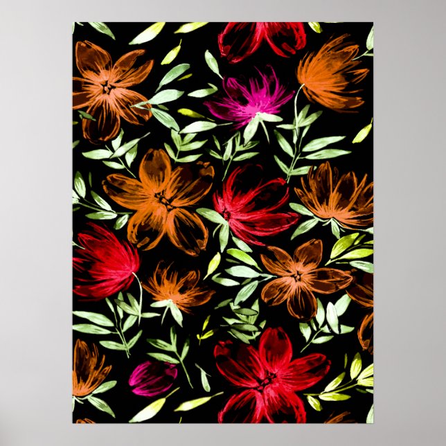Red Watercolor Flowers 3 Poster (Front)