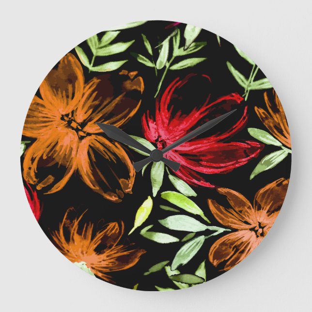 Red Watercolor Flowers 6 Large Clock (Front)
