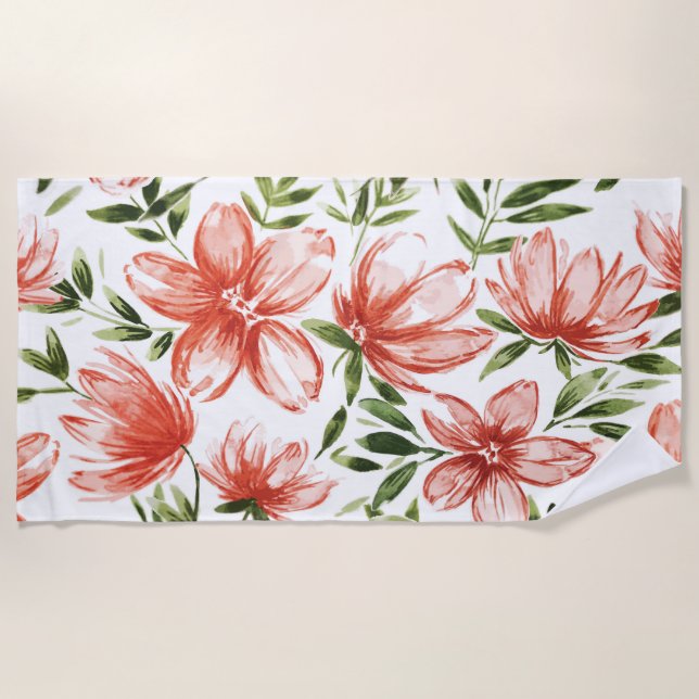 Red Watercolor Flowers Beach Towel (Front)