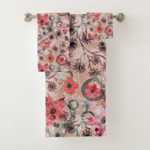 Red watercolor flowers on beige. bath towel set