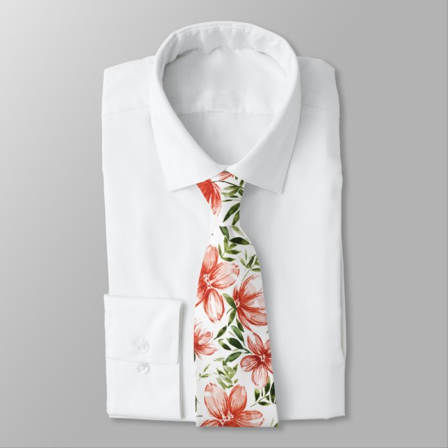 Red Watercolor Flowers Tie (Tied)