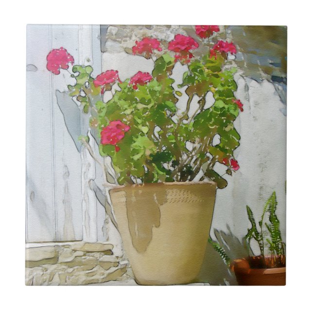 Red watercolor geranium ceramic tile (Front)