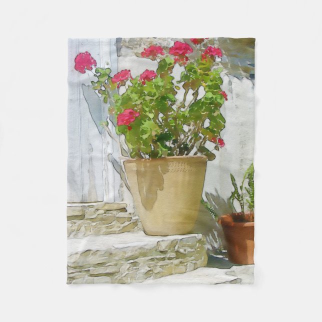 Red watercolor geranium fleece blanket (Front)
