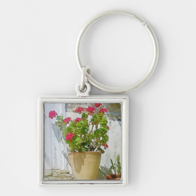 Red watercolor geranium key ring (Front)