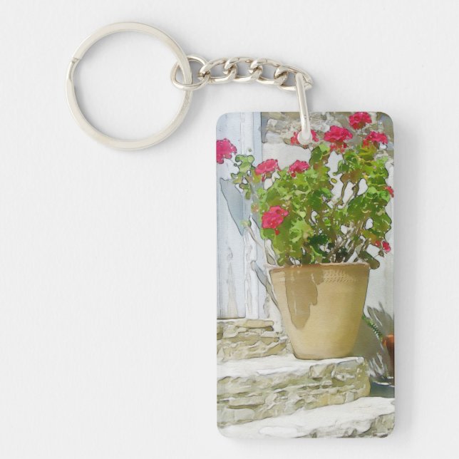 Red watercolor geranium key ring (Front)