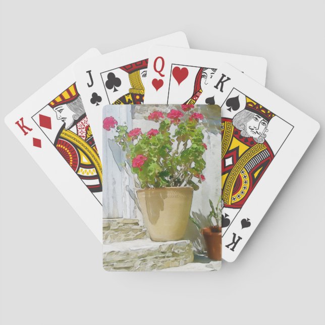 Red watercolor geranium playing cards (Back)