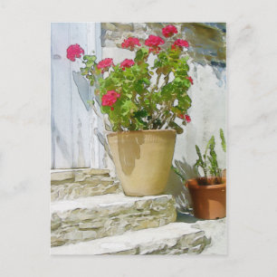 Red watercolor geranium postcard
