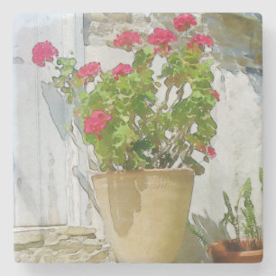 Red watercolor geranium stone coaster