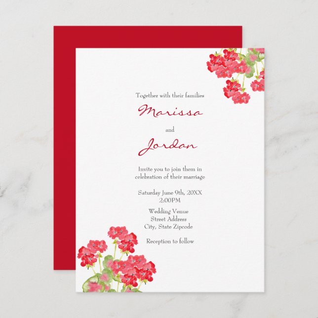 Red Watercolor Geraniums 2 Invitation (Front/Back)