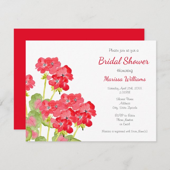 Red Watercolor Geraniums 2 Invitation (Front/Back)