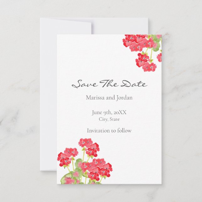 Red Watercolor Geraniums 2 Save The Date (Front)