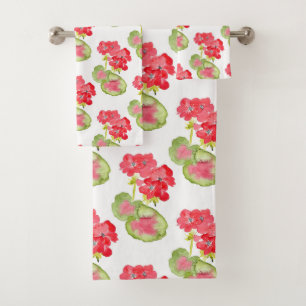 Red Watercolor Geraniums Pattern Bath Towel Set