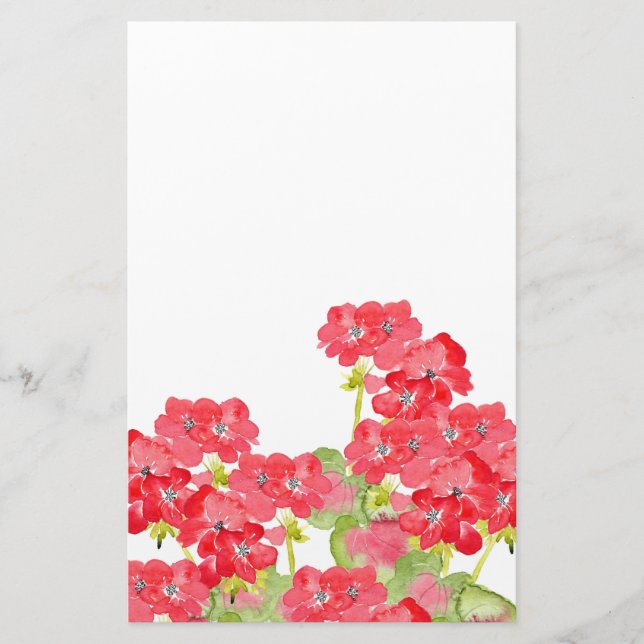 Red Watercolor Geraniums Stationery (Front)