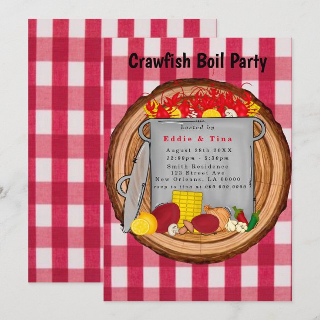 Red Watercolor Gingham Crawfish Boil Party Invitation (Front/Back)