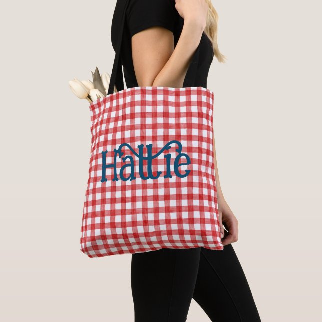 Red Watercolor Gingham Personalised Tote Bag (Close Up)
