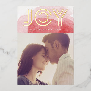 Red Watercolor GOLD JOY Christmas Photo Foil Holiday Card