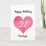 Red Watercolor Heart 21st Birthday Card<br><div class="desc">A personalised watercolor heart 21st birthday card for daughter, granddaughter, goddaughter, etc. You will be able to easily personalise the front with her name. The inside card message and back of the card can also be personalise. This personalised twenty first birthday card for her would make a unique birthday keepsake....</div>