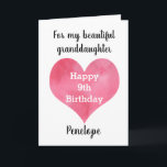 Red Watercolor Heart 9th Birthday Card<br><div class="desc">A personalised red watercolor heart 9th birthday card for granddaughter,  goddaughter,  daughter,  etc. The front of this modern 9th birthday card can be easily personalised with her name. The inside card message can also be edited. This heart ninth birthday card would make a sweet birthday keepsake card for her.</div>