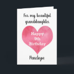 Red Watercolor Heart 9th Birthday Card<br><div class="desc">A personalised red watercolor heart 9th birthday card for granddaughter,  goddaughter,  daughter,  etc. The front of this modern 9th birthday card can be easily personalised with her name. The inside card message can also be edited. This heart ninth birthday card would make a sweet birthday keepsake card for her.</div>