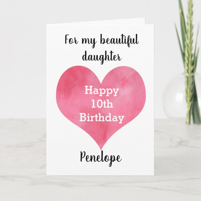 Red Watercolor Heart Happy 10th Birthday Card (Front)