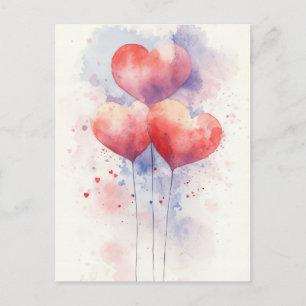 Red Watercolor Heartballoons Valentine's Greeting Postcard