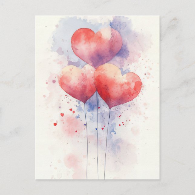 Red Watercolor Heartballoons Valentine's Greeting Postcard (Front)