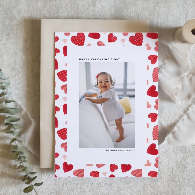 Red Watercolor Hearts Photo Happy Valentine's Day Holiday Card (Personalized Happy Valentine's Day card with cute watercolor hearts pattern. )