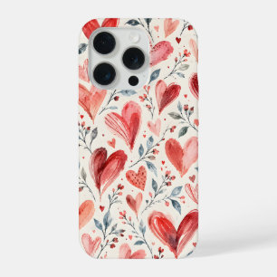 Red Watercolor Hearts with Delicate Botanicals iPhone 15 Pro Case