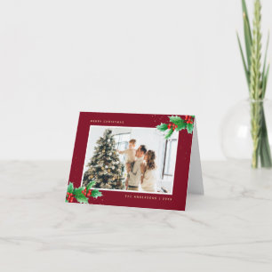 Red Watercolor Holly Berries Photo Christmas Holiday Card