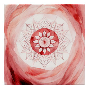 Red watercolor mandala flower poster