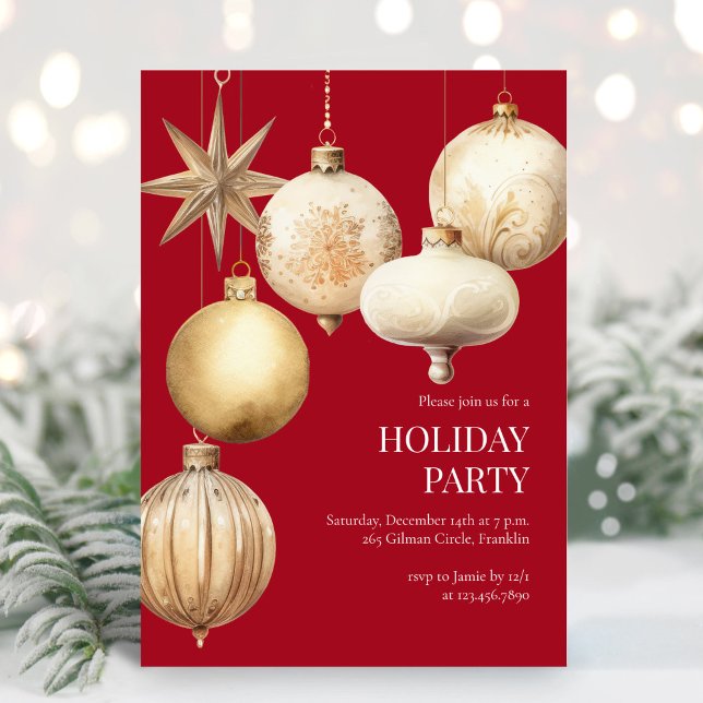 Red Watercolor Ornaments Holiday Christmas Party Invitation (Creator Uploaded)