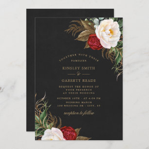 Red Watercolor Peonies Floral Black Gold Wedding Invitation