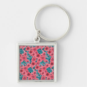 Red watercolor petunia flower pattern key ring
