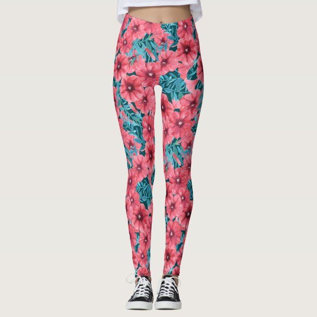 Red watercolor petunia flower pattern leggings (Front)