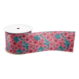 Red watercolor petunia flower pattern satin ribbon
