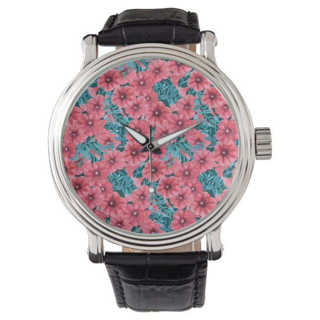 Red watercolor petunia flower pattern watch (Front)