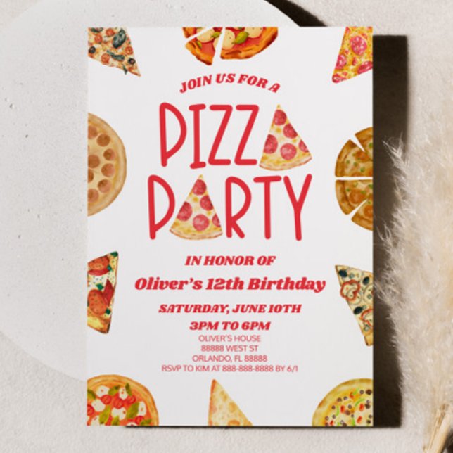 Red Watercolor Pizza Party Birthday Party Invitation (Creator Uploaded)