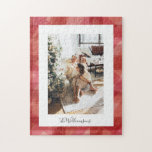 Red Watercolor Plaid Rustic Christmas Photo  Jigsaw Puzzle<br><div class="desc">Red Watercolor Plaid Rustic Photo Christmas Holiday Puzzle</div>