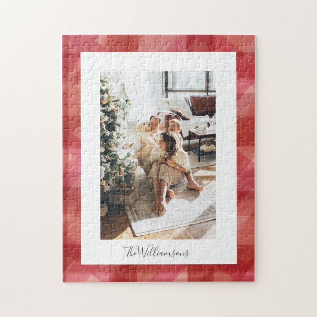 Red Watercolor Plaid Rustic Christmas Photo  Jigsaw Puzzle (Vertical)